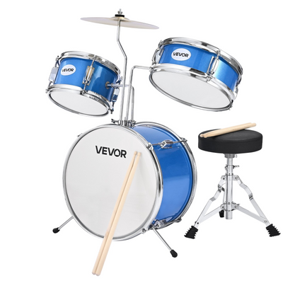 VEVOR 3-Piece Kids Drum Set – Junior Drum Kit with 14″ Bass Drum, Snare, Tom, Cymbal & Throne, Sky Blue