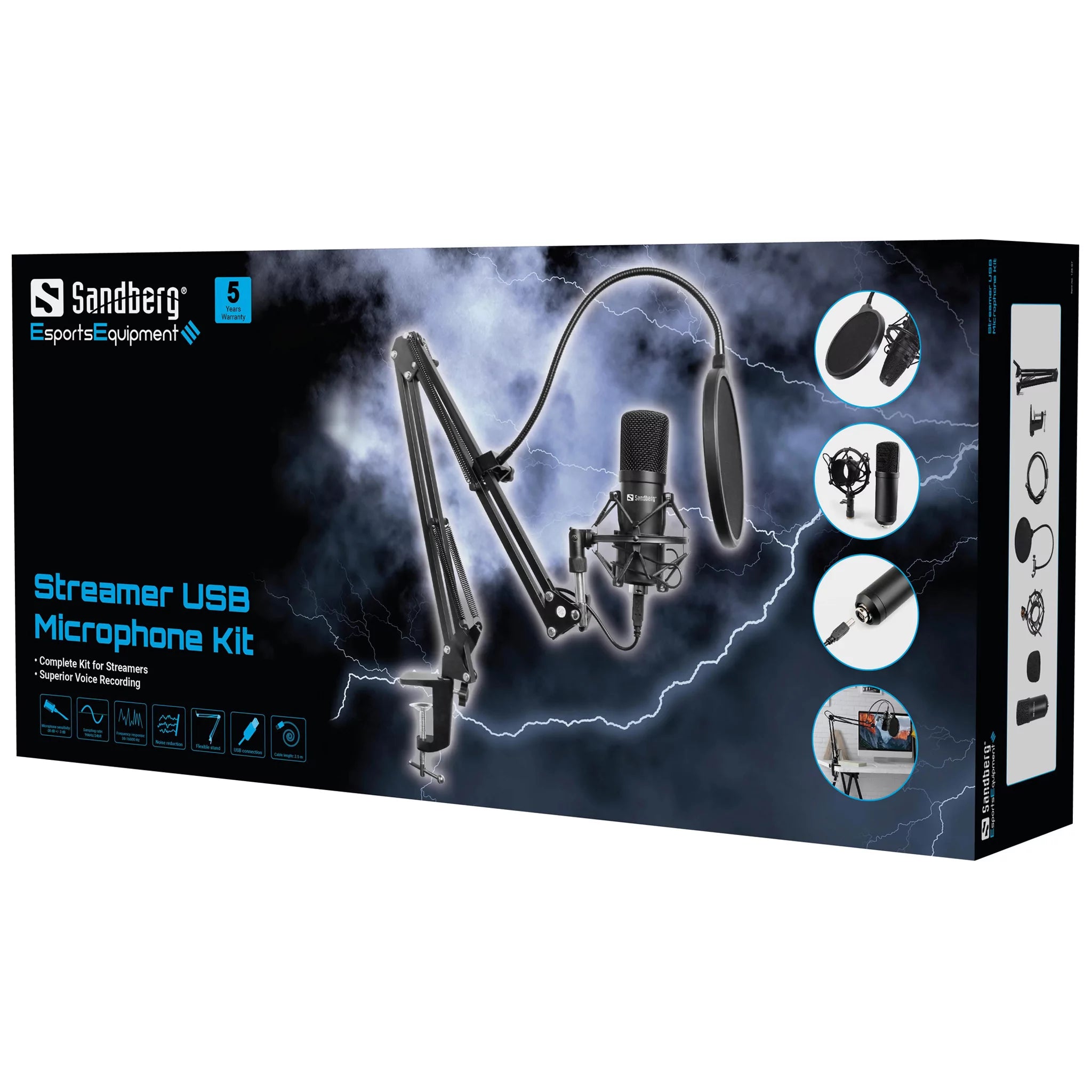 Sandberg Streamer USB Microphone Kit – Condenser Mic with Pop Filter, Shock Mount, Arm & Wind Cover