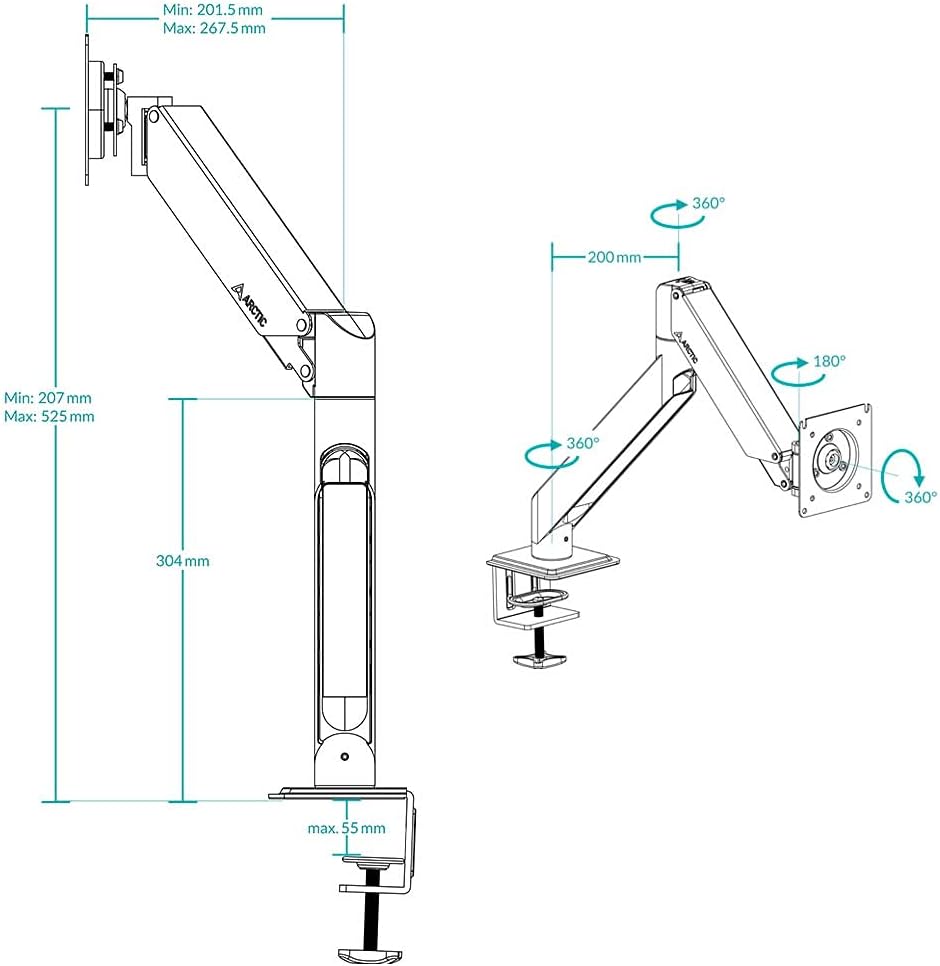 Arctic X1-3D Single Gas Spring Monitor Arm – Up to 40″ Monitors / 43″ Ultrawide, 180° Swivel, 360° Rotation